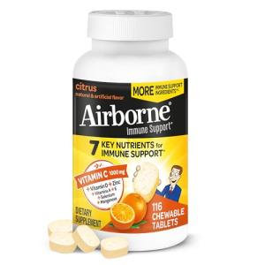Airborne Vitamin C 1000mg (per Serving) - Citrus Chewable Tablets (116 Count in a Bottle), Gluten-Free Immune Support Supplement, with Vitamins A C E, Zinc, Selenium, Echinacea, Ginger, Antioxidants