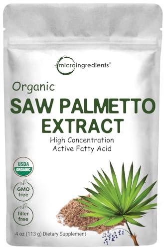 Sustainably US Grown, Organic Saw Palmetto Powder, 4 Ounce, with Active Fatty Acid, Pure Saw Palmetto Prostate & Hair Growth Supplement, Healthy Urination Frequency & Hair Loss Blocker Supplement