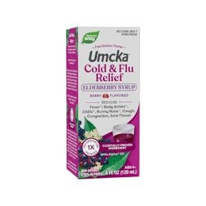 Nature's Way Cold + Flu Relief Syrup*, Umcka, Sore Throat, Cough, Congestion, Fever*, Body Aches*, Phenylephrine Free, Homeopathic, Non-Drowsy, Berry Flavored, 4 Fl Oz (Packaging May Vary)