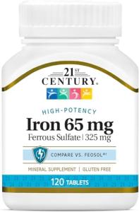 21st Century Iron 65 mg Ferrous Sulfate 325 mg Tablets, 120 Count
