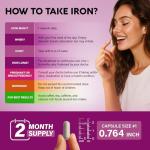 Iron Supplement for Women - Iron 65mg (Ferrous Sulfate 325mg) - Stomach Friendly | Slow Release Iron | High Absorption - Vitamins C, D3, B6, B12 & Folate - Iron Level & Energy Support - 60 Capsules