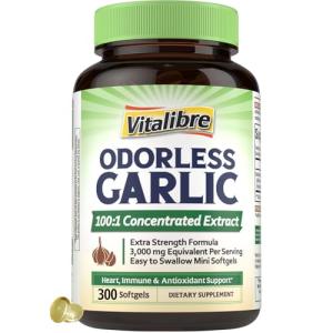 Vitalibre Odorless Garlic, 3,000mg Equivalent Per Serving, Extra Strength 100:1 Extract, Non-GMO, No Gluten, 300 Softgels