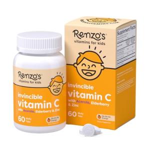 Renzo's Invincible Vitamin C for Kids with Elderberry and Zinc, Dissolvable Kids Vitamins for Immune Support, 60 Orange-Flavored Melty Tabs