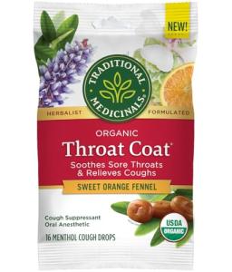 Traditional Medicinals Organic, Throat Coat Lozenges, Sweet Orange Fennel with Menthol - Herbal Cough Drops, Helps Soothe Sore Throat & Relieve Cough - Kosher, Stimulant-Free - 16 Count