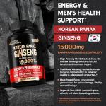 Panax Ginseng 15,000 mg - Red Korean Ginseng Supplement for Men - Extra Strength 10:1 Extract - Energy, Focus, Productivity & Performance - Natural & Vegan - Made in USA - 120 Capsules, 2 Month Supply