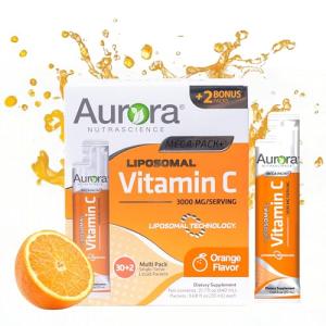 Vida Lifescience Aurora Nutrascience Mega-Pack Liposomal Vitamin C, Immune Support, 3,000 mg per Serving, Vegan, Gluten Free, Non-GMO, 32 Single Serve Packets, Orange