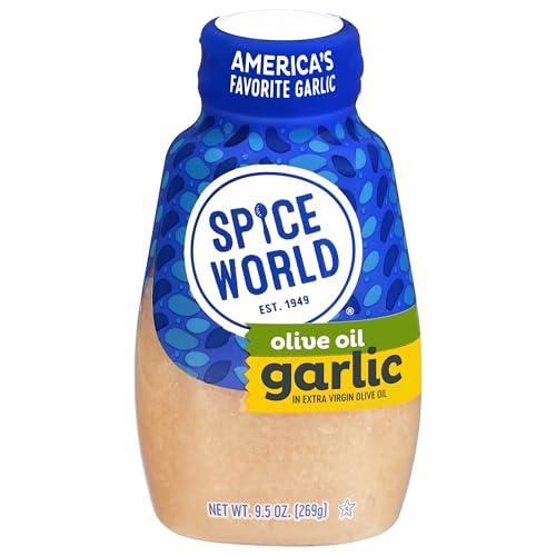 Spice World Squeezable Minced Garlic in Extra Virgin Olive Oil– 9.5 oz Garlic Container – Ready-to-Use Seasonings for Cooking, Simply Squeeze the Convenient Package to Easily Add Flavor