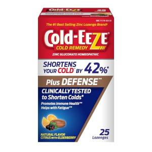 Cold-Eeze Plus Defense Natural Citrus with Elderberry Zinc Lozenges, Homeopathic Cold Remedy, Shortens Common Cold Symptoms, Promotes Immune Health with Sambucus Nigra, Echinacea and Rose HIPS, 25 Ct
