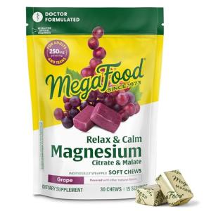 MegaFood Relax + Calm Magnesium Complex with Magnesium Citrate & Malate for Heart Health, Muscle Tension & More – Doctor Formulated - Vegetarian – Grape Flavor - 30 Soft Chews (15 Servings)
