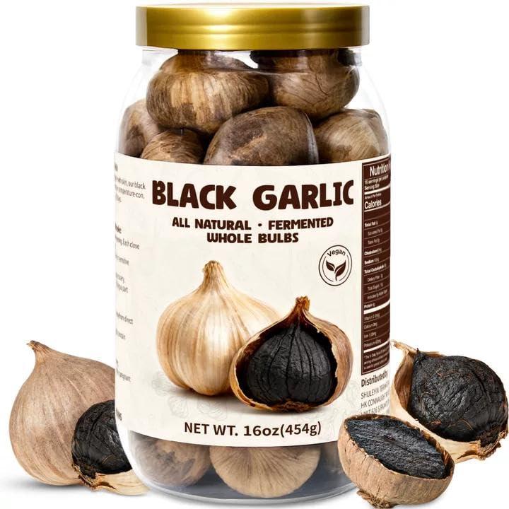 Black Garlic Whole Bulbs 16oz - Fermented & Aged Whole Black Garlic, Soft Chewy Texture, Mild Sweet Umami Taste, Ready to Eat