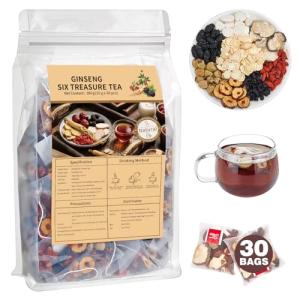 Kidney Tea Formula Ginseng Six Treasure Tea, Ginseng & Mulberry Herbal Tea, Kidney Cleanse Detox & Repair, Traditional Chinese Herbal Tea Bags, Five Treasures Teas For Men Women (30 Bags/1 Pack)