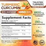 Turmeric Curcumin Supplement 1950mg - 95% Curcuminoids with Organic Turmeric & BioPerine Black Pepper Extract for Best Absorption, Nature's Vegan Joint Support, Non-GMO, Bottled in USA - 240 Capsules