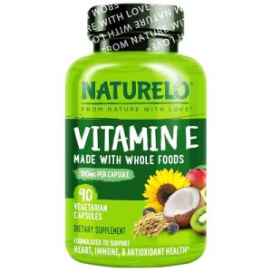 NATURELO Vitamin E Capsules 180 mg - 90 Vegan Capsules | Supports Skin, Hair, and Nails | Immune and Eye Health | Natural Mixed Tocopherols & Whole Foods | Non-GMO, Dry Vitamin E