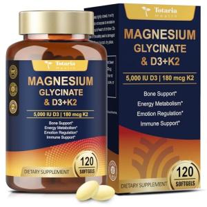9-in-1 Magnesium Glycinate 500mg + Vitamin D3 5000 IU & K2 Complex - High Absorption - Healthy Stress, Sleep, Muscle Function, Bone Health & Energy Supports | Non-GMO, Gluten-Free 120 Softgels