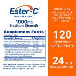 Ester-C Vitamin C 1000 mg Coated Tablets, Immune System Booster, Stomach-Friendly Supplement, 120 Count
