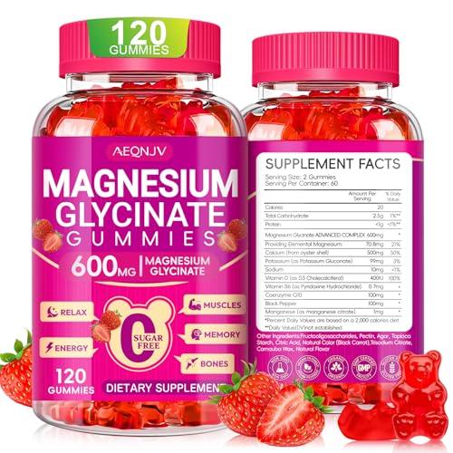 Magnesium Glycinate Gummies 600mg, Chewable Sugar Free Potassium Magnesium Gummies with Magnesium Glycinate, Vitamin D, B6 and CoQ10 for Sleep, Relaxation, Brain and Muscle, 60 Days Supply