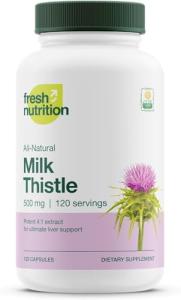 Fresh Nutrition Organic Milk Thistle Supplement - Potent Strength – 4 Month Supply – Silymarin Thistle Seed Standardized Extract 4:1 - Made in The USA - 120 Capsules