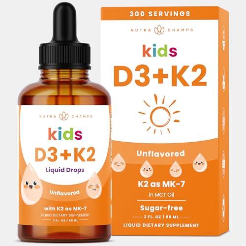 NutraChamps Kids Vitamin D 3 K2 Drops, Vitamin D3 & K2 MK-7, Liquid Vitamin D for Kids 1000 IU, Healthy Bones, Heart & Immune System, Sugar Free Supplement for Toddlers, 300 Servings