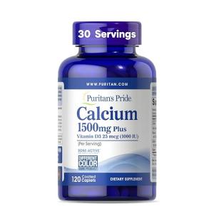Puritan's Pride Absorbable Calcium 1500 mg Plus Vitamin D3 25mcg 1000 IU, Dietary Supplement for Bone Strength, Heart, Nerve, Muscle, and Immune Support, 120 Coated Caplets