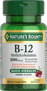 Nature's Bounty Vitamin B-12 Quick Dissolve Tablets, 1000mcg, Aids in the Conversion of Food into Cellular Energy, Cherry Flavor, 60ct