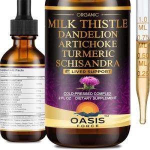 OASIS FORCE Organic Milk Thistle Extract Liquid for Liver Cleanse Detox & Repair, Silymarin Milk Thistle Drops Supplement with Dandelion & Artichoke for Liver Support, Vegan, Alcohol-Free, 2 FL OZ