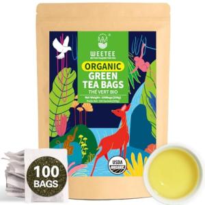 WT WEETEE Organic Green Tea Bags, Organic Pure Green Tea 100 Count, Super Antioxidant | Resealable Kraft Bag | Brew Hot or Iced