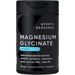 Sports Research® Magnesium Glycinate - Supports Restful Sleep & Enzymatic Processes - 160 mg Chelated Magnesium - Vegan Capsule - 90 Count