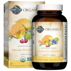 Garden of Life Organics Vegan Vitamin D3 Chewable - Raspberry Lemon, 2,000 IU (50mcg) Whole Food Vitamin D3 from Lichen Plus Food & Mushroom Blend, Gluten Free, 30 Chewable Tablets