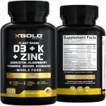 Vitamin D, K2, K1, Zinc, Quercetin, Elderberry, Turmeric, Ginger & Echinacea Whole Food Supplement 8 in 1- D3 5000 IU Plant-Based from Lichen, Vitamin K (K2 MK7, MK4, K1), D3 K2 Vitamins -120 Capsules