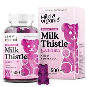 Wild & Organic Milk Thistle Gummies 1500mg - Herbal Supplement for Liver Cleanse Detox - Silymarin Milk Thistle Liver Detox Gummies - 60 Vegan, Non-GMO Chews