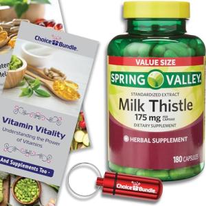 Choice Bundle Spring Valley Standardized Extract Milk Thistle Dietary Supplement Capsules 175 mg 180 Ct Plus Vitamin Guide and Pill Container (3 Items)!