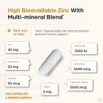 Zinc 30mg With Copper, Selenium & Vitamin D3 | 120 Capsules | Magnesium, Vitamin B6, Biotin | Absorbable Zink Supplements for Men & Women | Chelated Zinc for Immune Health, Skin, Hair, & Nails Support