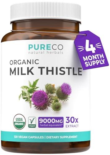 PURE CO USDA Organic Milk Thistle Capsules - 80% Silymarin Supplement for Liver Support- Super Concentrated 300mg of 30:1 Milk Thistle Extract Liver Detox 120 Day Supply