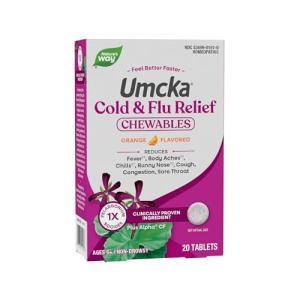 Nature’s Way Umcka Cold and Flu Relief Chewables, Non-Drowsy Multi-Symptom Relief, Homeopathic Cold Medicine and Remedy, Shortens & Reduces Severity of Colds, Orange-Flavored Tablets, 20 Count