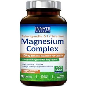 Innate Vitality Magnesium Complex, Magnesium Glycinate Citrate Malate Taurate with Ashwagandha L-Theanine Vitamin D3 & B6, High Absorption, Full Spectrum, Bones Stress Sleep Support, 90 caps