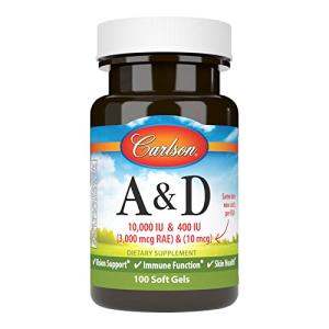 Carlson - A & D, 10000 IU (3000 mcg RAE) Vitamin A, 400 IU (10 mcg) Vitamin D3, Vision Support, Skin Health, 100 Soft Gels