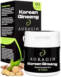 Auragin® Authentic Korean Red Ginseng – Made in Korea – 6 Year Roots – No Additives or Other Ingredients – 100% Red Panax Ginseng in Every Tablet