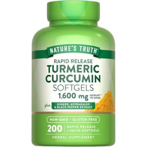 Nature's Truth Turmeric Curcumin Complex Supplement | with Black Pepper Extract, Ginger & Astragalus | 200 Rapid Release Softgels | Non-GMO and Gluten Free