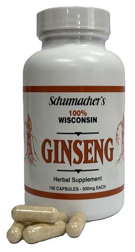 American Ginseng Capsules, 100% Pure Wisconsin Ginseng, 500mg, 100 Capsules - BEST Ginseng Supplement, Pure Potent Wisconsin Ginseng Roots by Schumacher Ginseng by Schumacher Ginseng