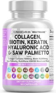 Clean Nutraceuticals Collagen Pills 1000mg Biotin 10000mcg Keratin Saw Palmetto Hyaluronic Acid - Hair Skin & Nails Vitamins & DHT Blocker with Vitamin E Folic Acid Pumpkin Seed MSM - 90 Count