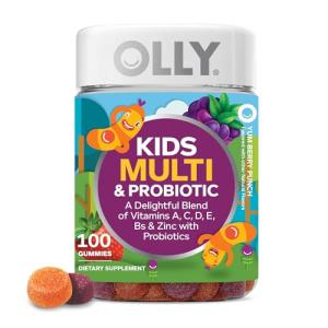 OLLY Kids Multivitamin & Probiotic Gummy, Digestive Support, Vitamins A, D, C, E, B, Zinc, Chewable Supplement, Berry Flavored, 50 Day Supply - 100 Count