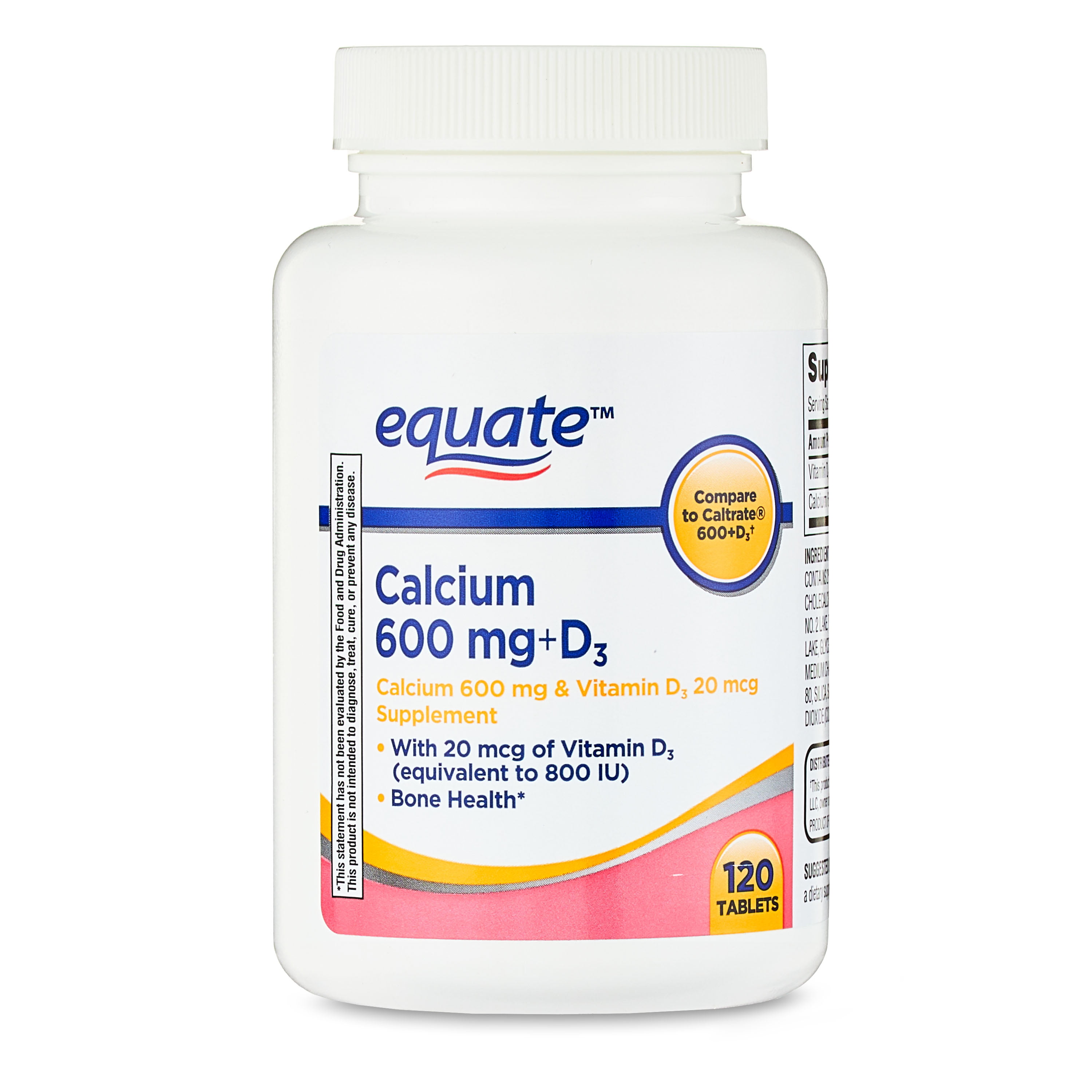 Equate Calcium + D3 Tablets Dietary Supplement, 600 mg, 120 Count