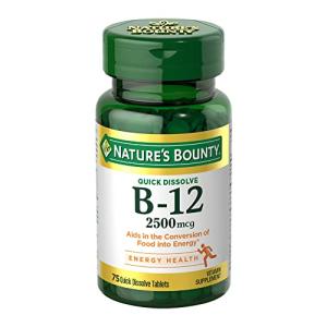 Nature's Bounty Vitamin B12 2500 mcg, Cellular Energy Support, for Energy Metabolism, Heart & Nervous System Health, 75 Quick Dissolve Tablets