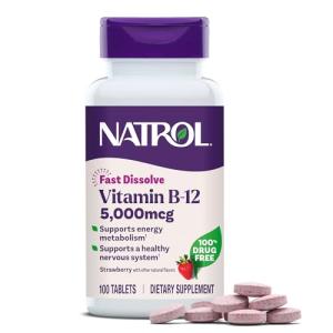 Natrol Vitamin B12 Fast Dissolve Tablets, Promotes Energy, Supports a Healthy Nervous System, Maximum Strength, Strawberry Flavor, 5,000mcg, 100 Count