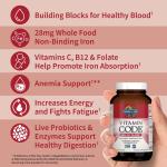 Garden of Life Vitamin Code Healthy Blood - Iron Supplement for Women, 60 Vegan Capsules, with Vitamins B, C, Trace Minerals, Fruit Veggies, Probiotics - for Energy and Anemia Support