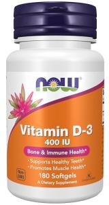 NOW Supplements, Vitamin D-3 400 IU, Strong Bones*, Structural support*, 180 Softgels