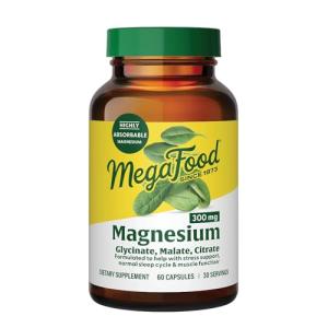 MegaFood Magnesium 300 mg - Highly Absorbable Blend of Magnesium Glycinate, Citrate & Malate to Help Support Heart, Nerve Health & Relaxation - 60 Capsules (30 Servings)