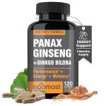 NooMost Authentic Korean Red Panax Ginseng + Ginkgo Biloba, 120 Vegan Capsules, Ginseng Root Extract Powder 1000mg (10% Ginsenosides) + Gingko Biloba 60mg, Energy and Focus Pills for Men and Women