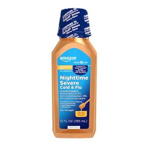 Amazon Basic Care Nighttime Honey Flavor Severe Cold and Flu Relief, Liquid Medicine, 12 fl oz (Pack of 1)