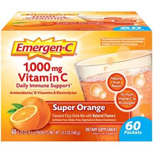 Emergen-C 1000mg Vitamin C Immune Support Powder Super Orange 60CT includes Zinc, Manganese, 7 B Vitamins and Electrolytes for Back to School Essentials